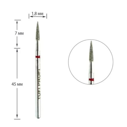 Фреза для маникюра TUFI profi PREMIUM алмазная цилиндр стрельчатый конец 862 249 018R 1,8 мм красная насечка - Фото №1