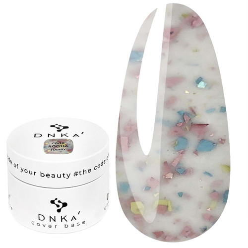 База для ногтей DNKa Cover Base № 0011A Hapy молочный с кусочками нежно-розовой, голубой и желтой потальи 30 мл (DNKA0011A-30) - Фото №1