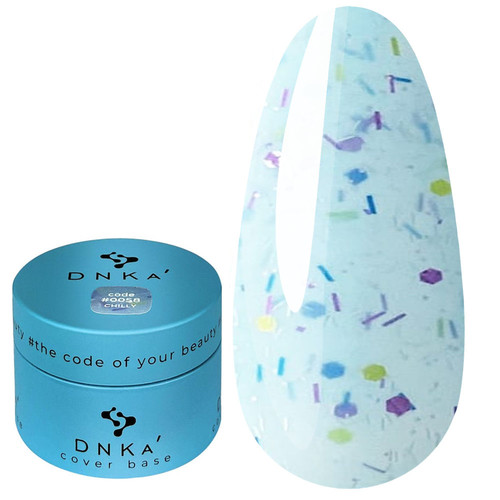 База для ногтей DNKa Cover Base №0058 Chilly голубой с фиолетовыми, синими и желтыми хлопьями 30 мл (DNKA0058-30) - Фото №1
