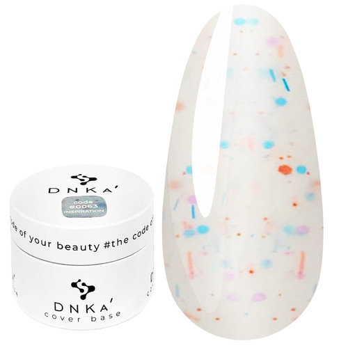 База для ногтей DNKa Cover Base №0063 Inspiration молочный с красными, розовыми и голубыми хлопьями 30 мл (DNKA0063-30) - Фото №1