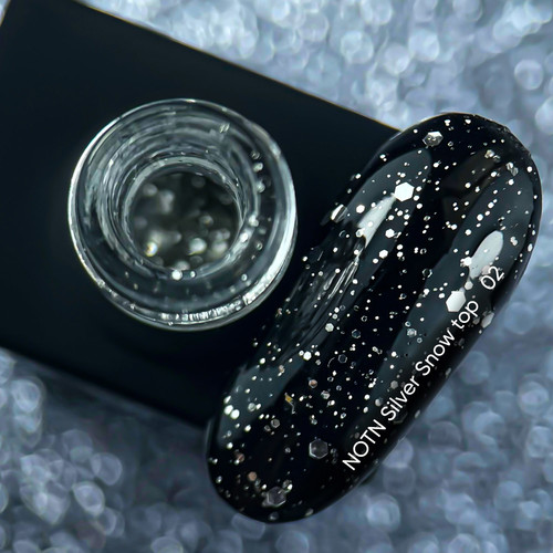 Топ NAILSOFTHENIGHT Silver Snow top 02 прозрачный с серебряными шестиугольниками, 10 ml - Фото №2