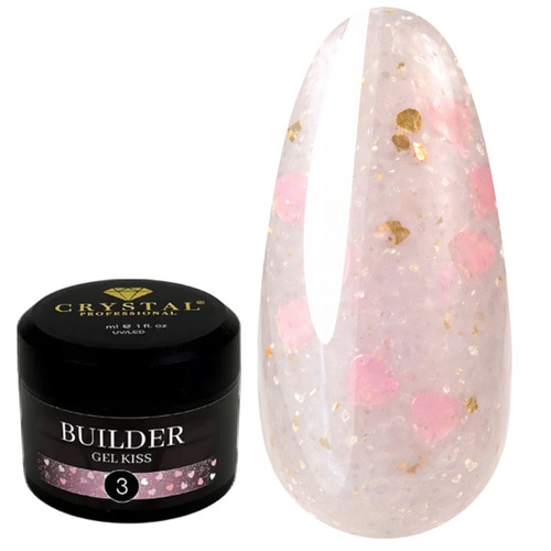 Гель для наращивания Crystal Builder Gel KISS 3 светло-розовый с розовыми сердечками 15 мл - Фото №1