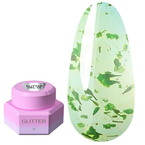 Ontwerp gel YOUARECUTE Glitter Gel 10 met groene gedroogde bloemen 5 ml (469-5116-1451) - Фото №1