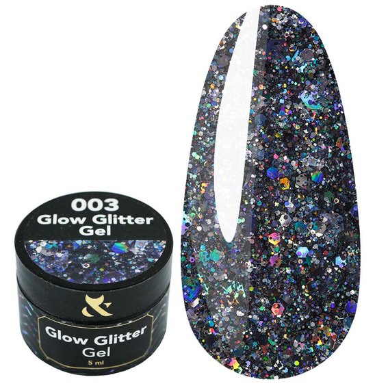 Глиттер F.O.X Glow Glitter Gel 003 темное серебро с бирюзовыми блестками 5 мл - Фото №1