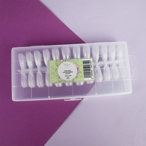 Gel tips voor nagelverlengingen TUFI profi PREMIUM medium ballerina transparant 240 stuks (0134001) - Фото №3