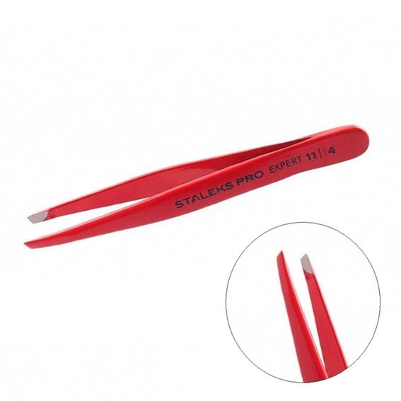 Augenbrauenpinzette Staleks Pro EXPERT 11 TYP 4 (schmal, schräge Kanten, rot)