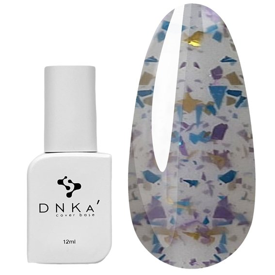 DNKa Cover base №044 melkachtig met stukjes lichtpaarse, blauwe en gouden vlokken 12 ml