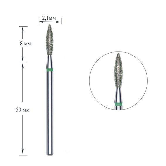 Diamantfräser-Bit, Grün, Flamme-Form, Durchmesser 2,1 mm - Фото №1