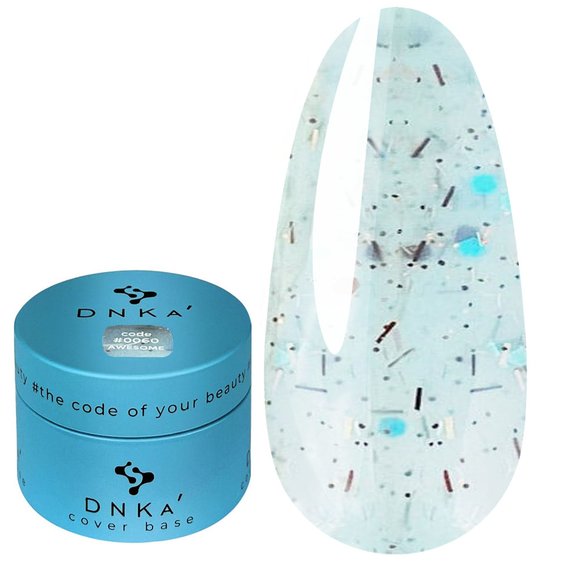 База для ногтей DNKa Cover Base №0060 Awesome молочно-голубой с красными и голубыми хлопьями 30 мл (DNKA0060-30) - Фото №1