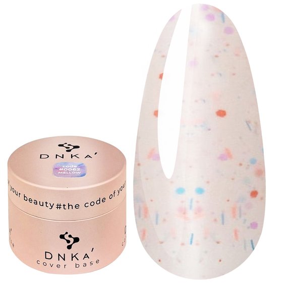 База для ногтей DNKa Cover Base №0062 Mellow розовый с красными, розовыми и голубыми хлопьями 30 мл (DNKA0062-30) - Фото №1
