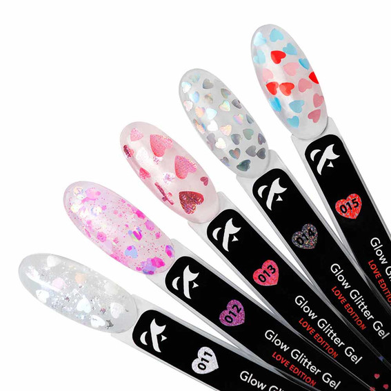 Глиттер F.O.X Glow Glitter Gel Love Edition 011 молочно-белый с сердечками, голографическими шестиугольниками и серебряной поталью 5 мл (GG-011) - Фото №2